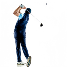Golfer in blue shirt and white cap mid-swing with golf club, viewed from behind. Figure shown from head to feet against white background.