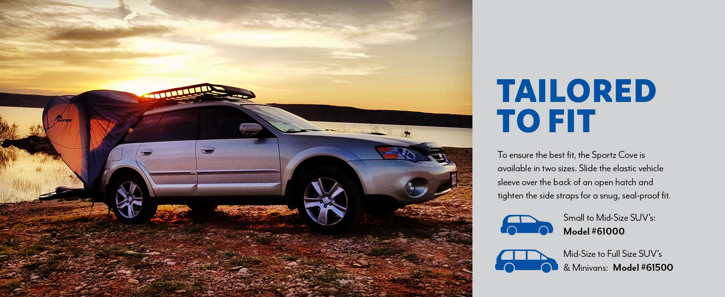 Napier Sportz Cove SUV awning tent in two sizes to fit all CUVs, SUVs, and minivans for car camping