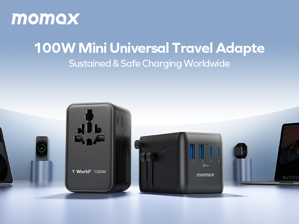Text reads 'momox' and '100W Mini Universal Travel Adapte'. Product lineup showing multiple black universal travel adapters against blue gradient background.