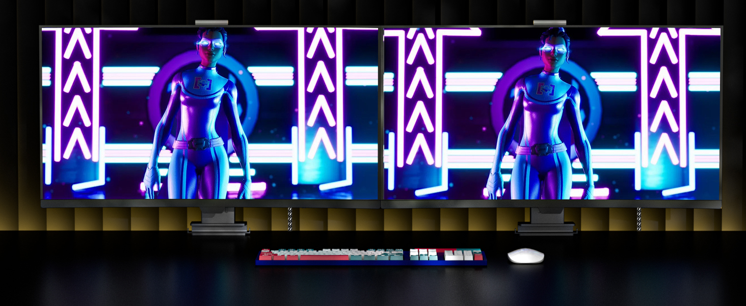 Large digital display screen showing illuminated blue figures against geometric pattern background with purple and blue neon lighting effects.