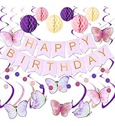 KAWKALSH Birthday Decorations, Happy Birthday Banner with Honeycomb Balls, Butterfly Hanging Swir...