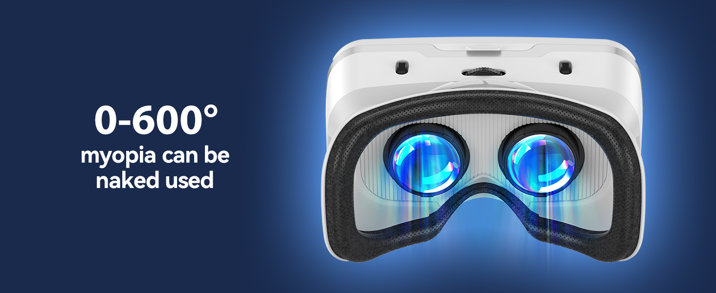 White virtual reality headset with blue-lit lenses. Text indicates '0-600° myopia can be naked used'.
