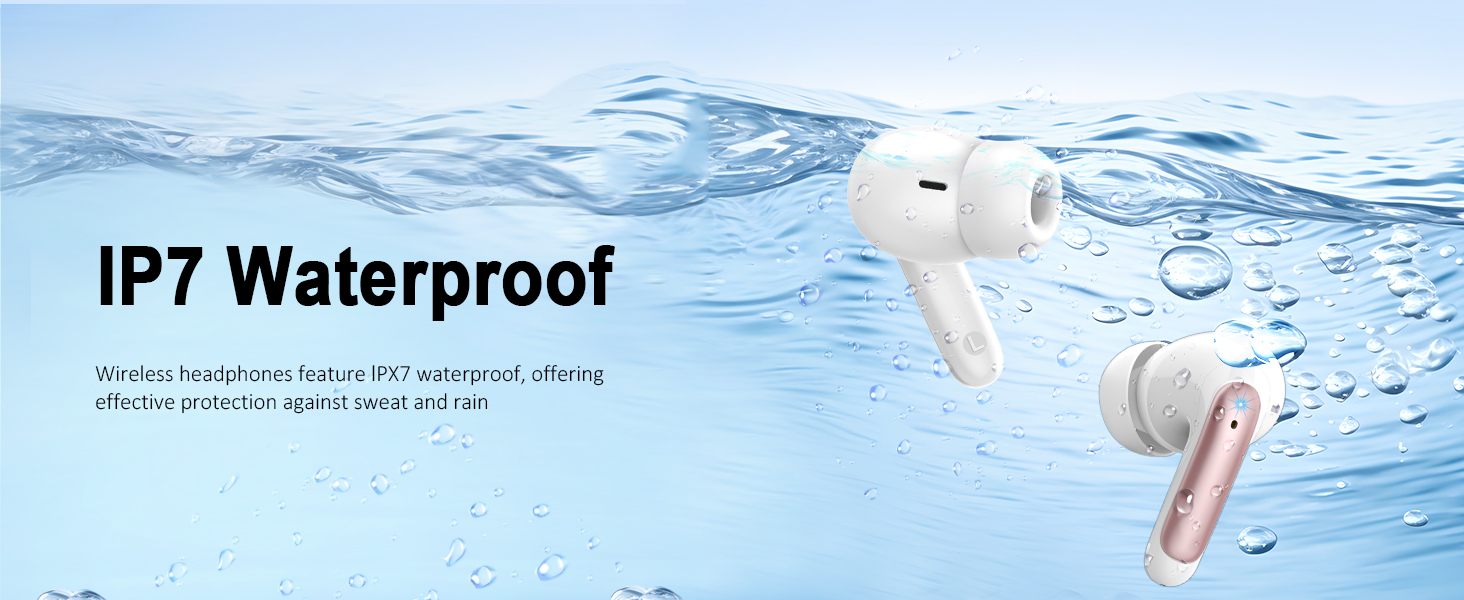 White wireless earbuds shown underwater with text highlighting IP7 waterproof rating. Product appears floating in blue water with ripple effects.