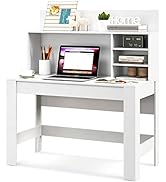 Tangkula White Desk with Hutch, Home Office Desk with Bookshelf, Writing Study Desk with Anti-Top...