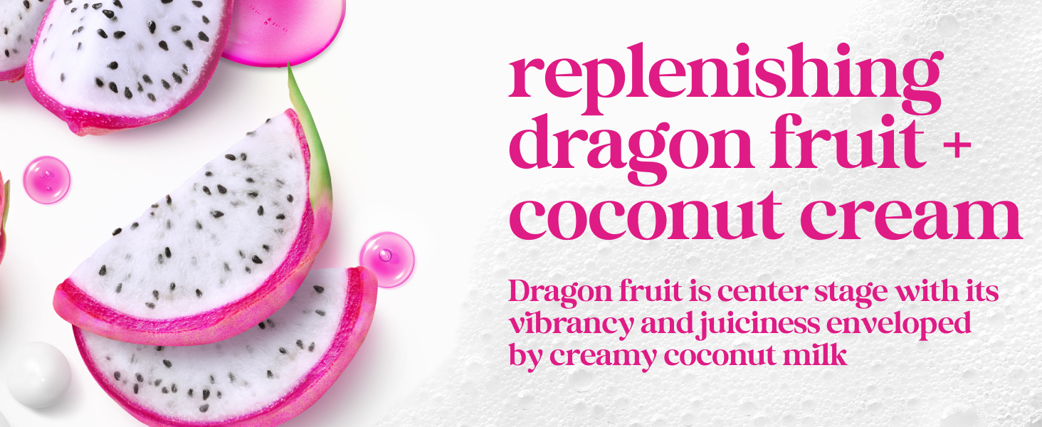 Vibrant dragon fruit slices &amp;amp; glossy droplets rest on a textured white background with airy foam.