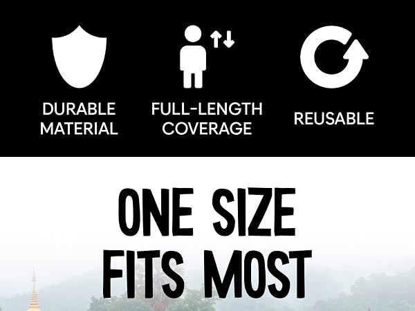 Text reads 'DURABLE MATERIAL', 'FULL-LENGTH COVERAGE', 'REUSABLE', 'ONE SIZE FITS MOST'. Product features icons displayed on light background.