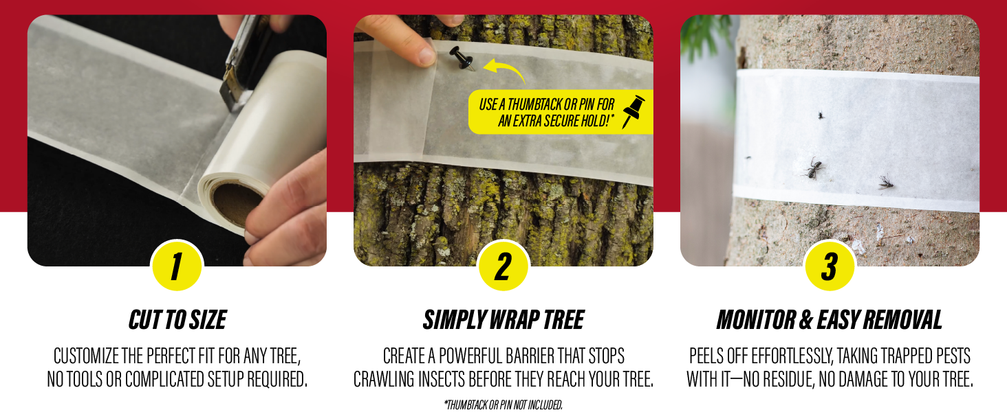 Three-step Catchmaster tree shield setup showing cutting, pinning and wrapping a tree trunk
