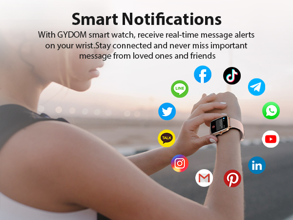 Smartwatch for women displaying incoming calls, texts, emails, and app notifications