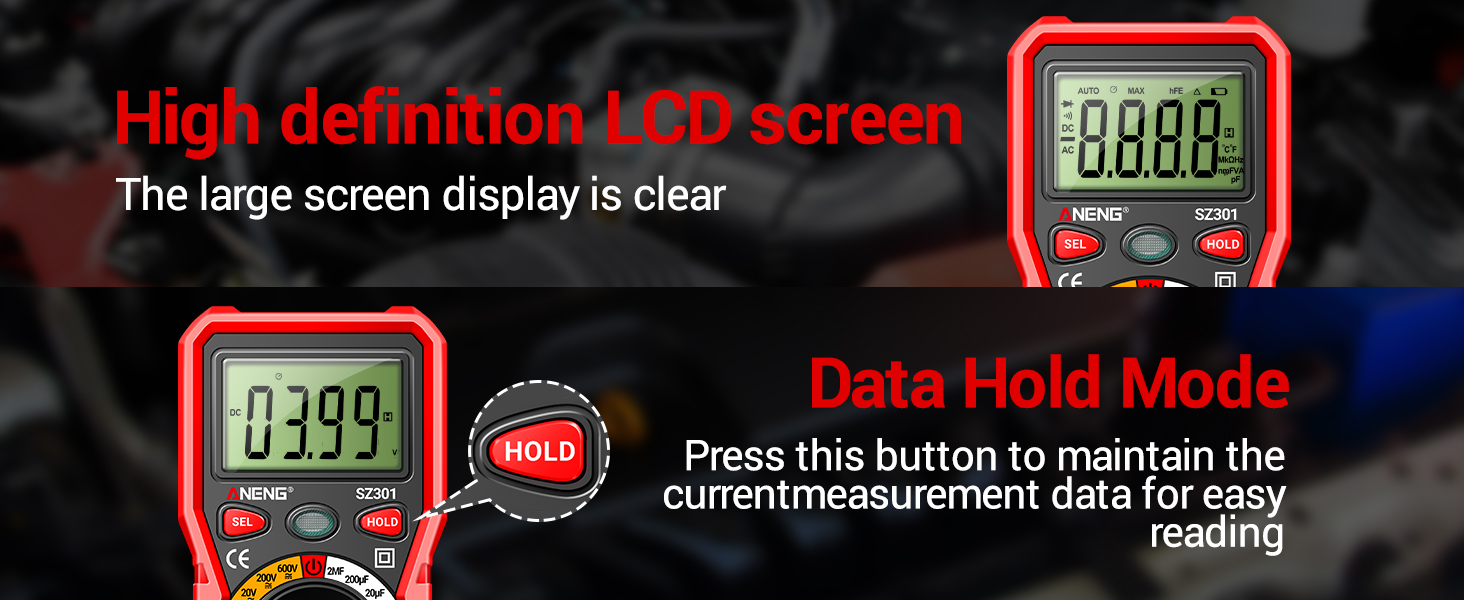 ANENG SZ301 digital multimeter featuring a high-definition LCD screen and data hold mode