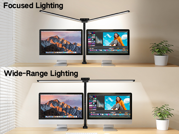 Text reads 'Focused Lighting' and 'Wide-Range Lighting'. Comparison of desk lamp lighting effects on dual monitor setups in office environment.