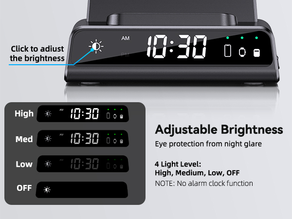 Text reads: 'Click to adjust the brightness', 'Adjustable Brightness', 'Eye protection from night glare', '4 Light Level: High, Medium, Low, OFF'. Digital clock display showing brightness adjustment options.