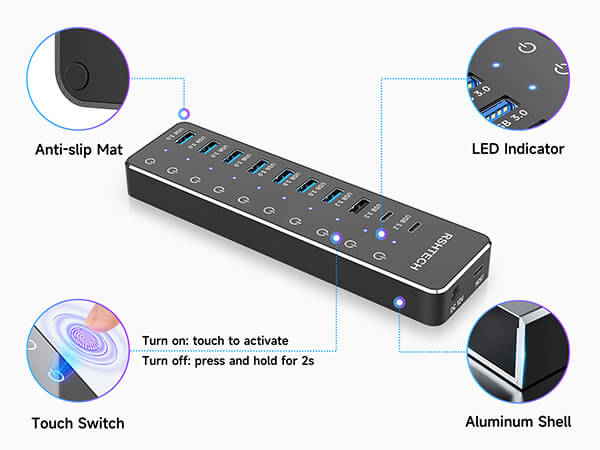 10 ports usb hub with usb a and usb c ports