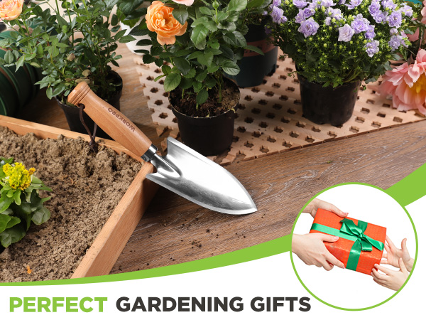 Text reads 'PERFECT GARDENING GIFTS'. Multiple panels showing hands using gardening tools in soil with plants and mulch visible in background.