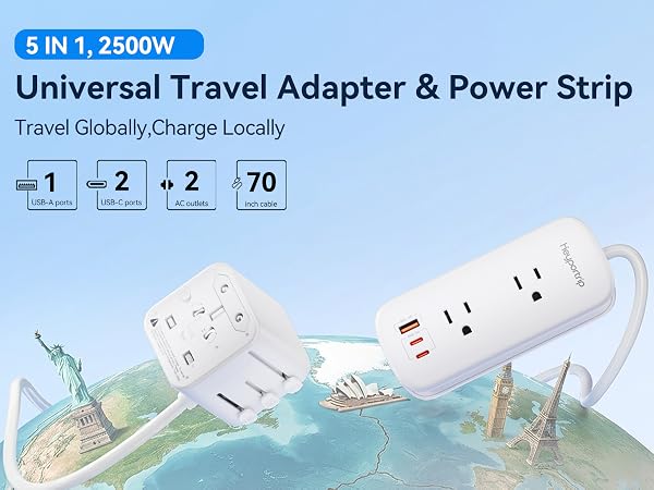 Universal travel adapter power strip travel, 1USB-A port, 2 USB-C Ports, 2 AC outlets, 70 inch cable