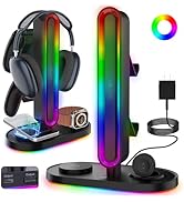 RGB Headset Stand with Wireless Charger, 8-in-1 Charging Station for iPhone, Samsung, Apple Watch...