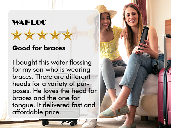 Product review screenshot for Wafloo water flosser, showing 5-star rating and customer feedback about its effectiveness for dental braces.