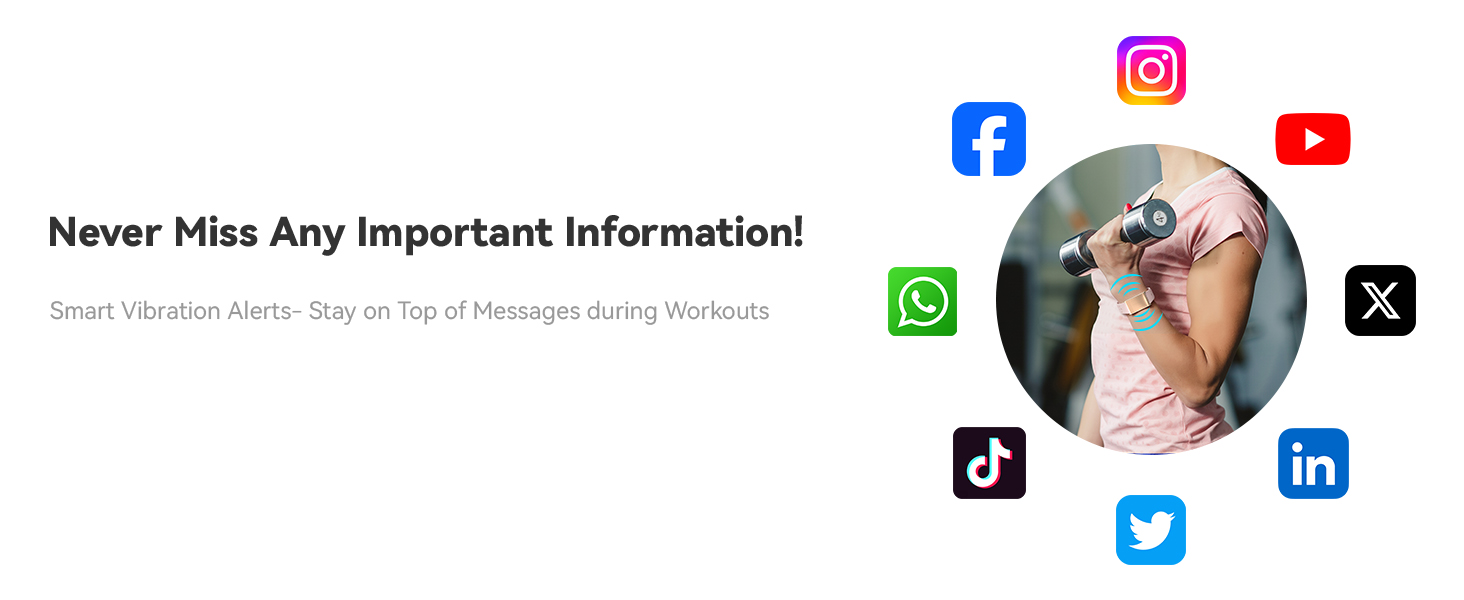 Text reads 'Never Miss Any Important Information!' Social media icons display for Facebook, Instagram, YouTube, WhatsApp, TikTok and LinkedIn in circular arrangement.