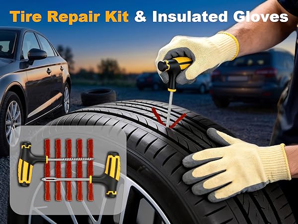 tire repair kit for tubeless tire repair, 400V insulated gloves for safely handling electrical tasks