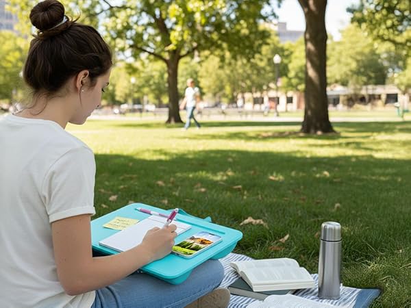 student using a compact lap desk in the park