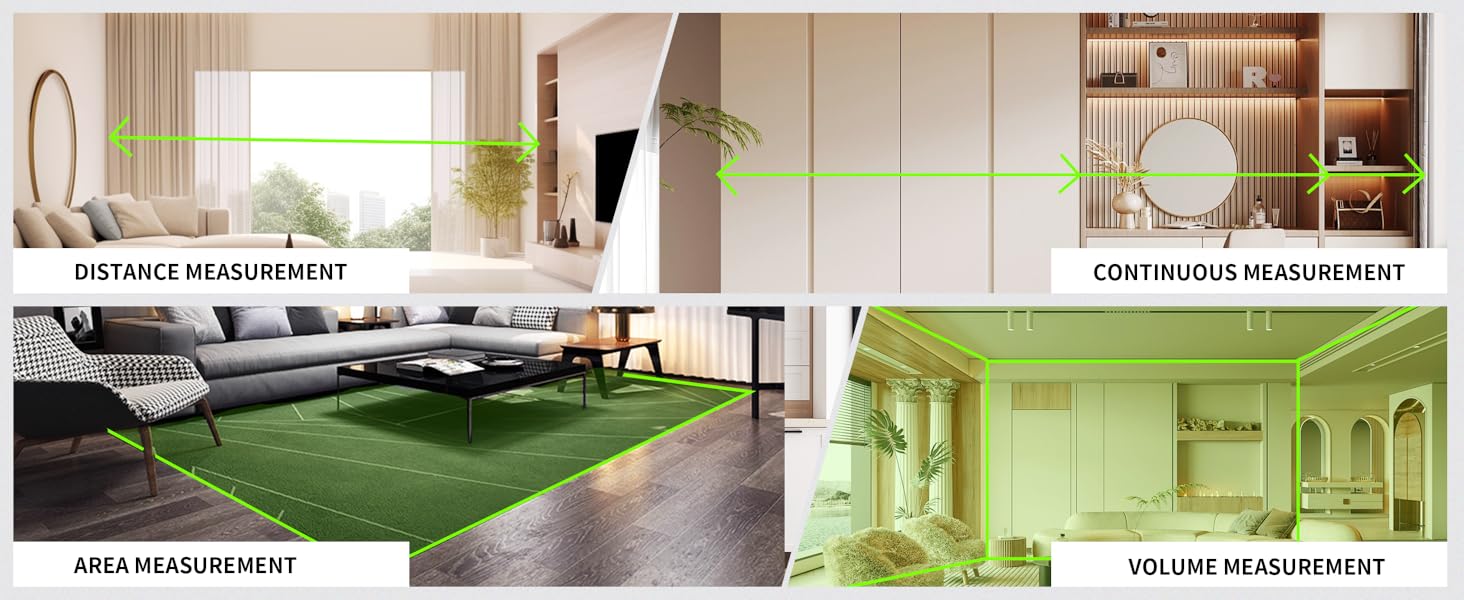 Distance measurement, continuous measurement, area measurement, volume measurement.