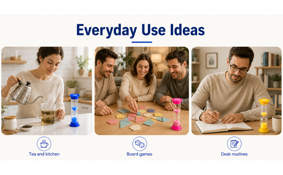 Sand timers shown for tea, board games, and desk routines