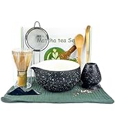 Black Matcha Whisk Set, 8 Pcs Ceramic Matcha Bowl Kit, Traditional Japanese Tea Ceremony Set with...
