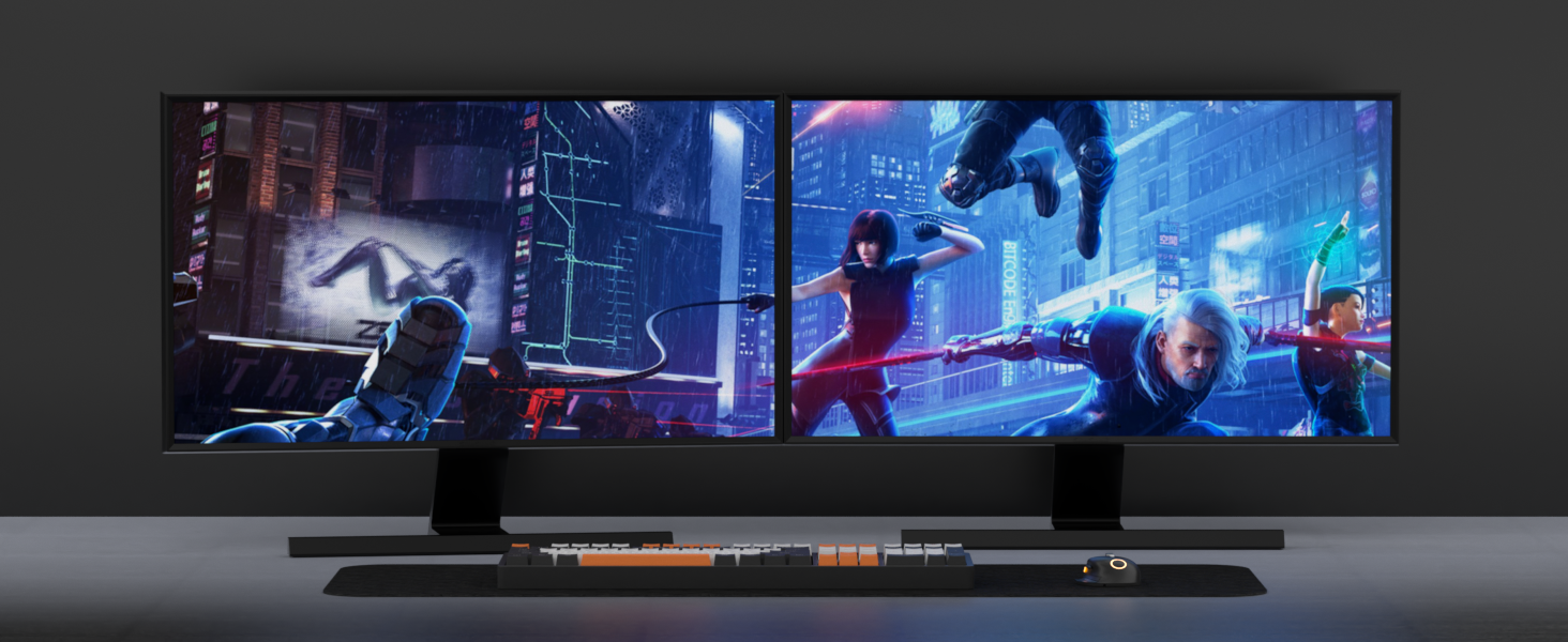Ultrawide curved gaming monitor displaying vibrant action scene with characters in a futuristic city. Monitor has slim bezels and sits on a sleek stand with LED lighting.