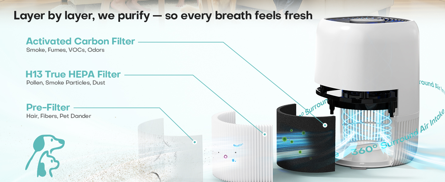 Air Purifiers Home H13 True HEPA Filter 1076 Ft² Pet Hair Odors Pollen Smoke Aroma Quiet 360°Intake