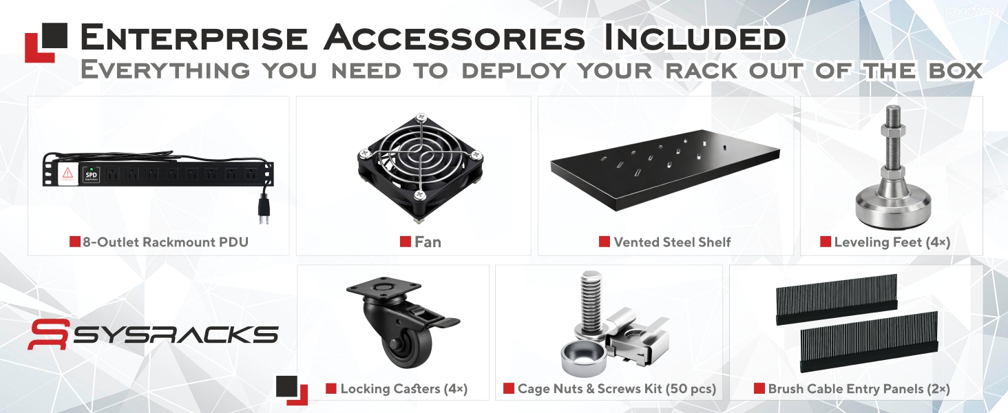 Server rack accessories displayed - PDU, FAN, vented steel shelf, leveling feet, hardware