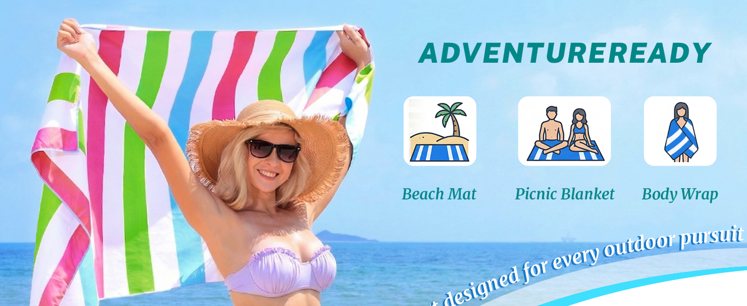Text reads "ADVENTUREREADY" with product icons for Beach Mat, Picnic Blanket, Body Wrap. Woman in sunhat on colorful striped beach mat against blue ocean background.