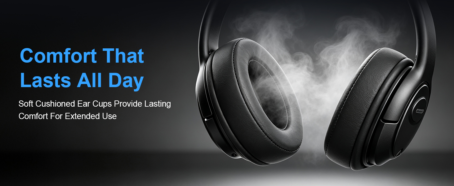 Text reads 'Comfort That Lasts All Day' and 'Self-Cushioned Ear Cups Provide Lasting Comfort for Extended Use'. Black wireless headphones photographed against grey background.