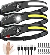 Rechargeable Headlamp 3PCS, 230° Wide Beam Head Lamp, Motion Sensor LED Headlamp Rechargeable, 5M...