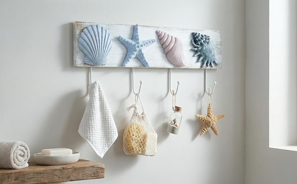 tide and tales seashell wall rack for towels, beach bathroom wall decor with 3D seashells