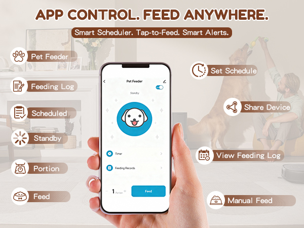 App-controlled pet feeder with remote feeding, scheduling, and smart alerts.