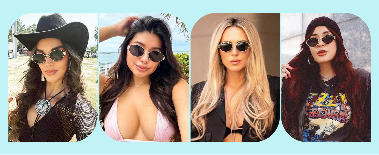 Four images of women wearing sunglasses. Various styles shown, including aviators and round frames. Women have different hair colors and styles.