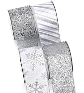 Ribbli Silver Wired Ribbon for Christmas Tree,Glitter Mesh Snowflake Stripe Christmas Ribbon for ...