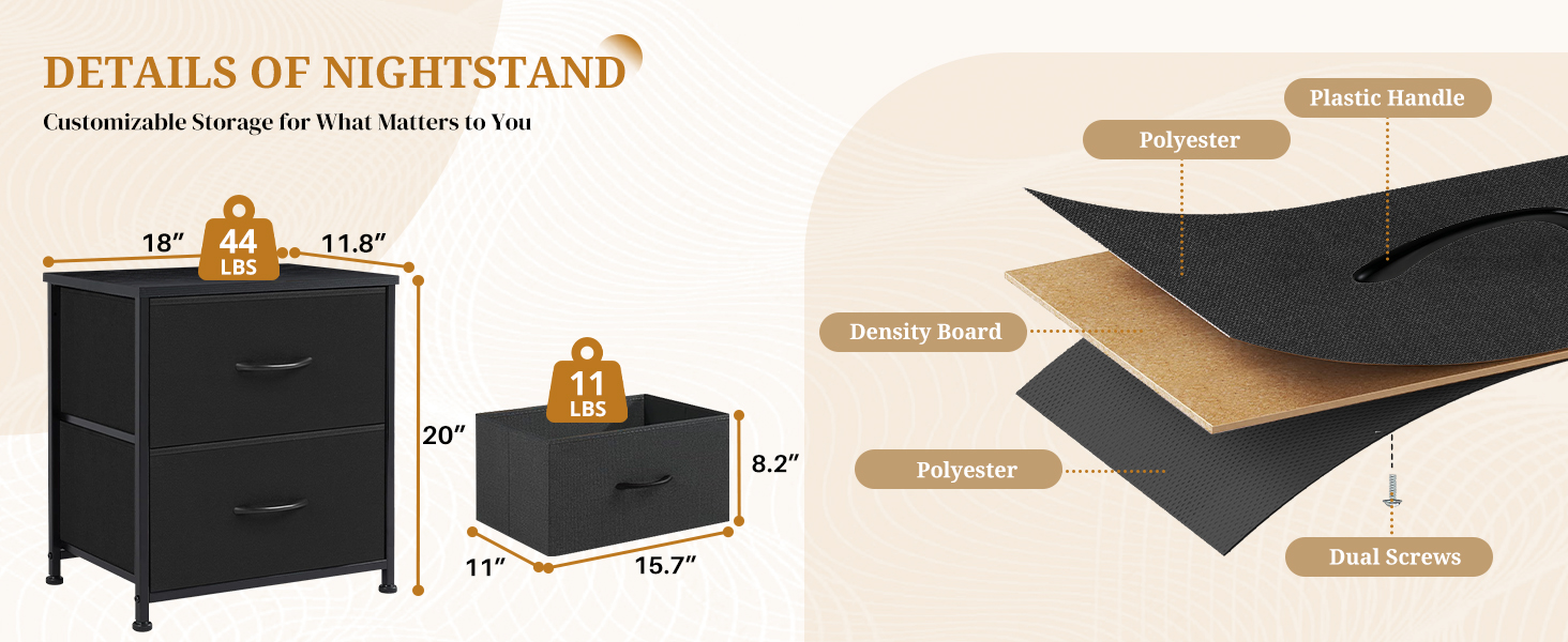 Details of 2 drawer nightstand