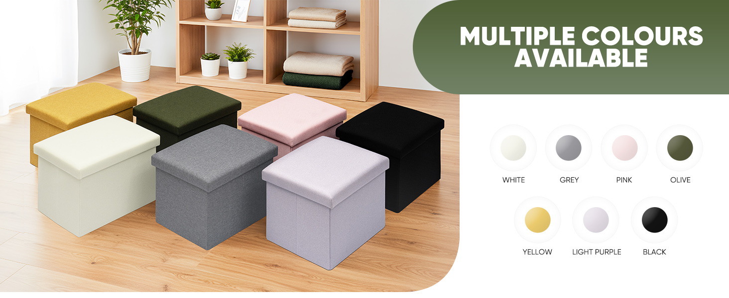 Text reads 'MULTIPLE COLOURS AVAILABLE'. Cushioned storage ottomans or poufs in beige, gray, pink, and black shown as product display.