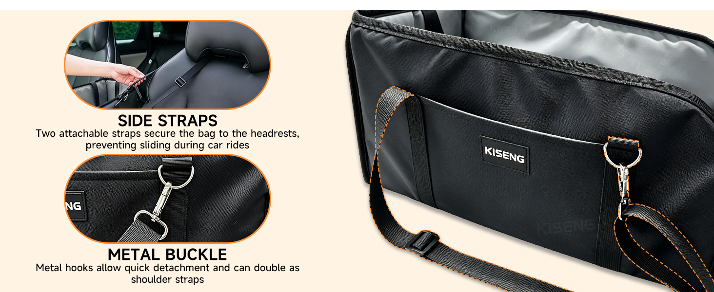 Two attachable straps secure the bag to the headrests,preventing sliding during car rides