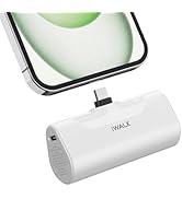 White cylindrical portable charger labeled "iWALK" with USB-C connector, shown beneath partial view of a smartphone with green display.
