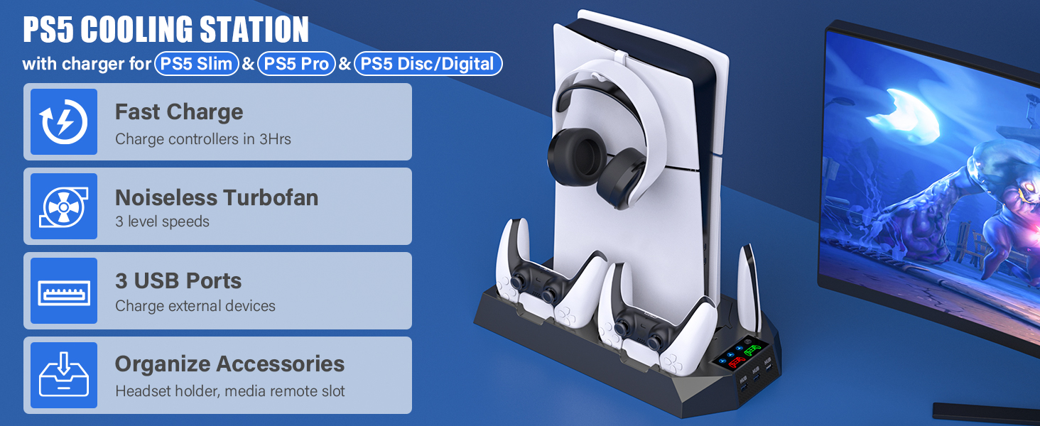 PS5 Slim Stand and Cooling Station with Dual Controller Charging Station for PlayStation 5 Console