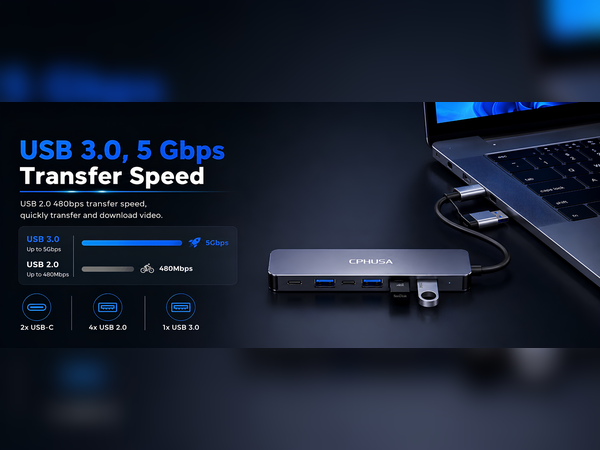 CPHUSA USB hub with USB 3.0 and USB-C ports supporting 5Gbps transfer.