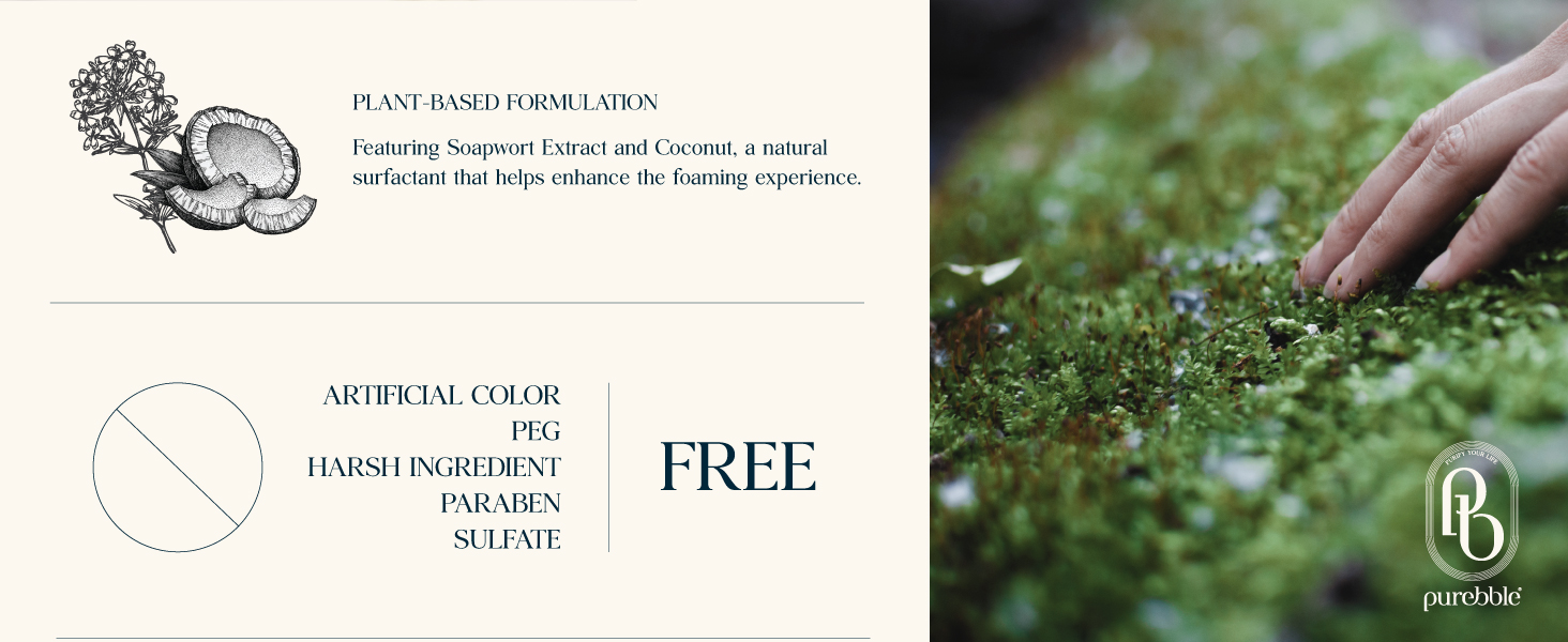 PLANT-BASED FORMULATION, no ARTIFICIAL COLOR, no PEG, No HARSH INGREDIENT, No PARABEN, No SULFATE