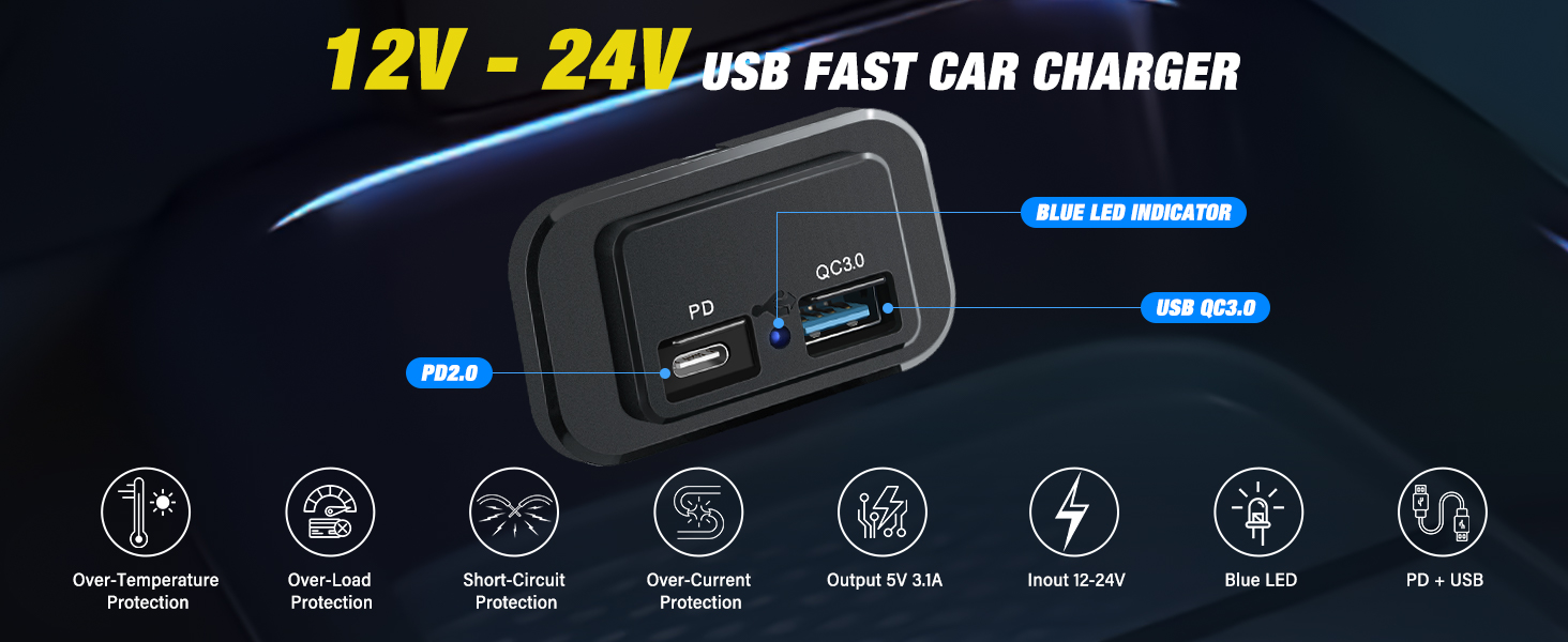 12V~24V USB Fast Car Charger