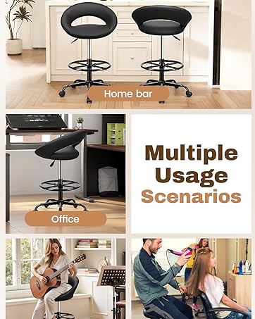 Tall 360° Swivel Stool PU Leather Chair with Wheels for Home Office, Standing Desk, Brown