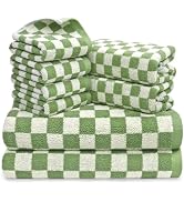 Green Checkered Towels Set of 8, Cotton Towels for Bathroom, 2 Bath Towels, 2 Hand Towels, 4 Wash...