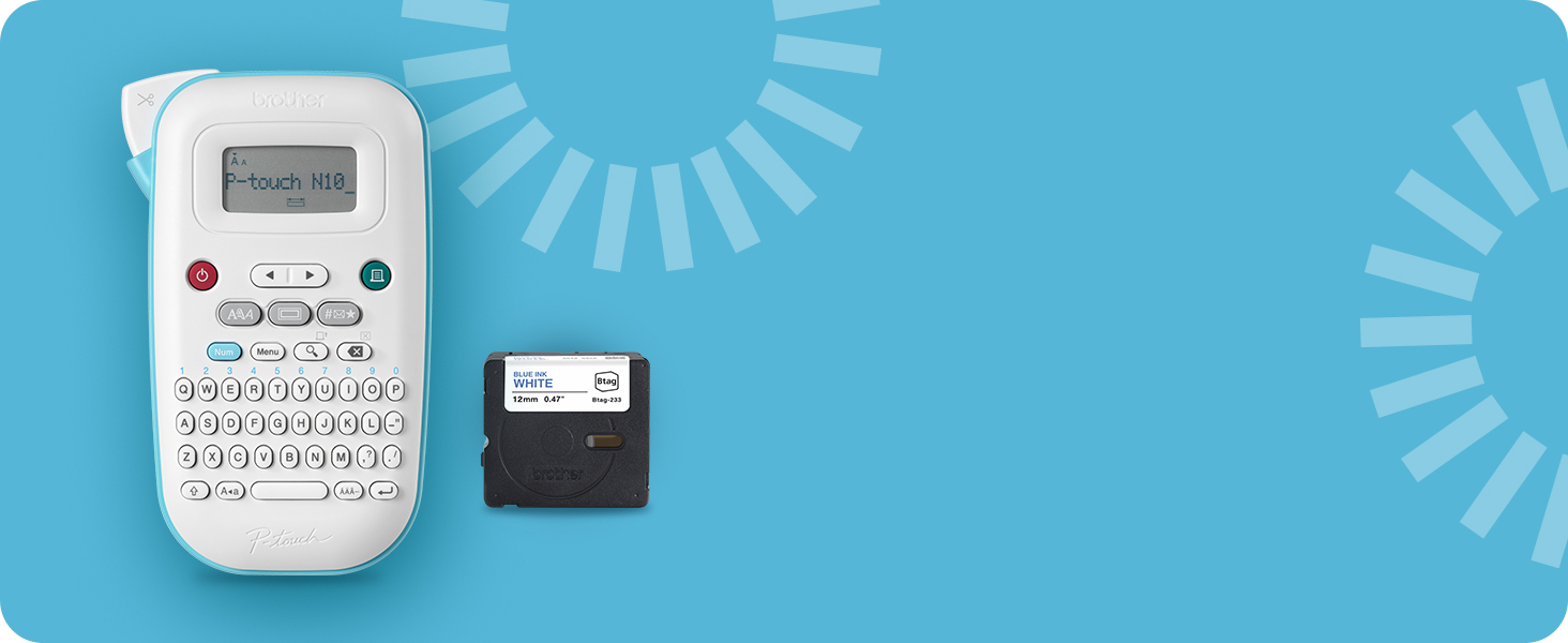 P-touch PT-N10 handheld label maker with included Btag 12mm wide black on light blue label tape