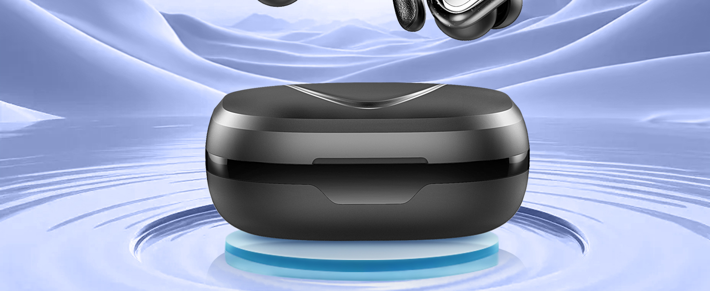 Black oval-shaped wireless device floating against blue illuminated background, appears to be a charging case or speaker.