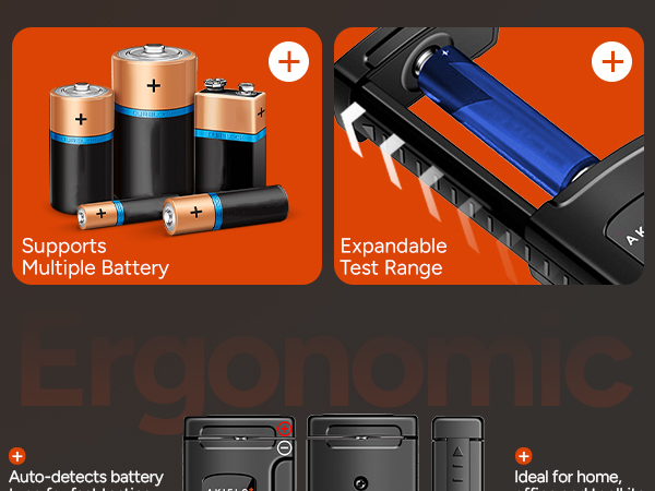 Text reads 'Supports Multiple Battery' and 'Expandable Test Range.' Orange section showing three battery sizes on left, blue section showing black battery tester with expandable probe on right. Bottom text partially visible with 'Auto detects battery' and 'Ideal for home.'