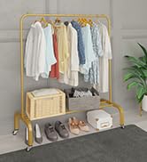 JIUYOTREE Metal Clothing Rack with Wheels 43.3 Inches Rolling Clothes Garment Coat Rack with Bott...